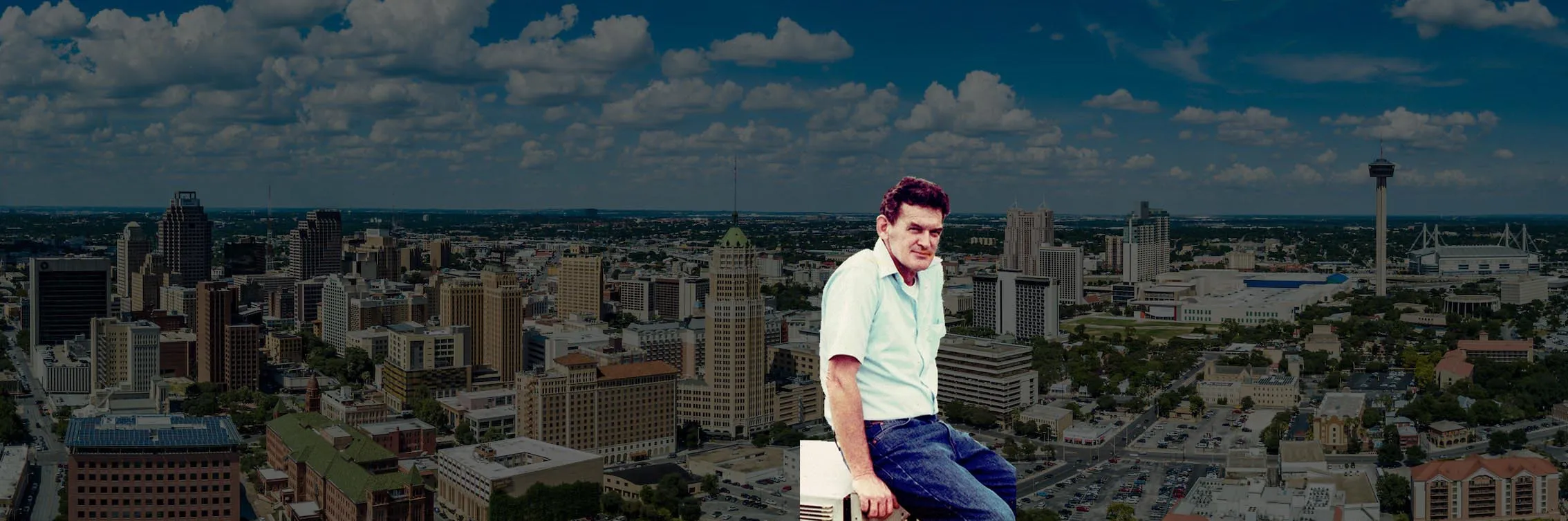 Downtown San Antonio skyline with company founder George Best